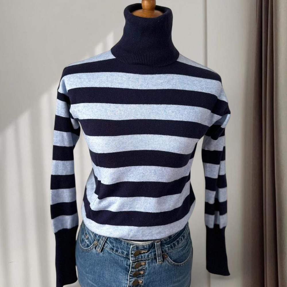 GAP Navy Blue Light Blue Striped Cotton‎ Cashmere Turtleneck Sweater